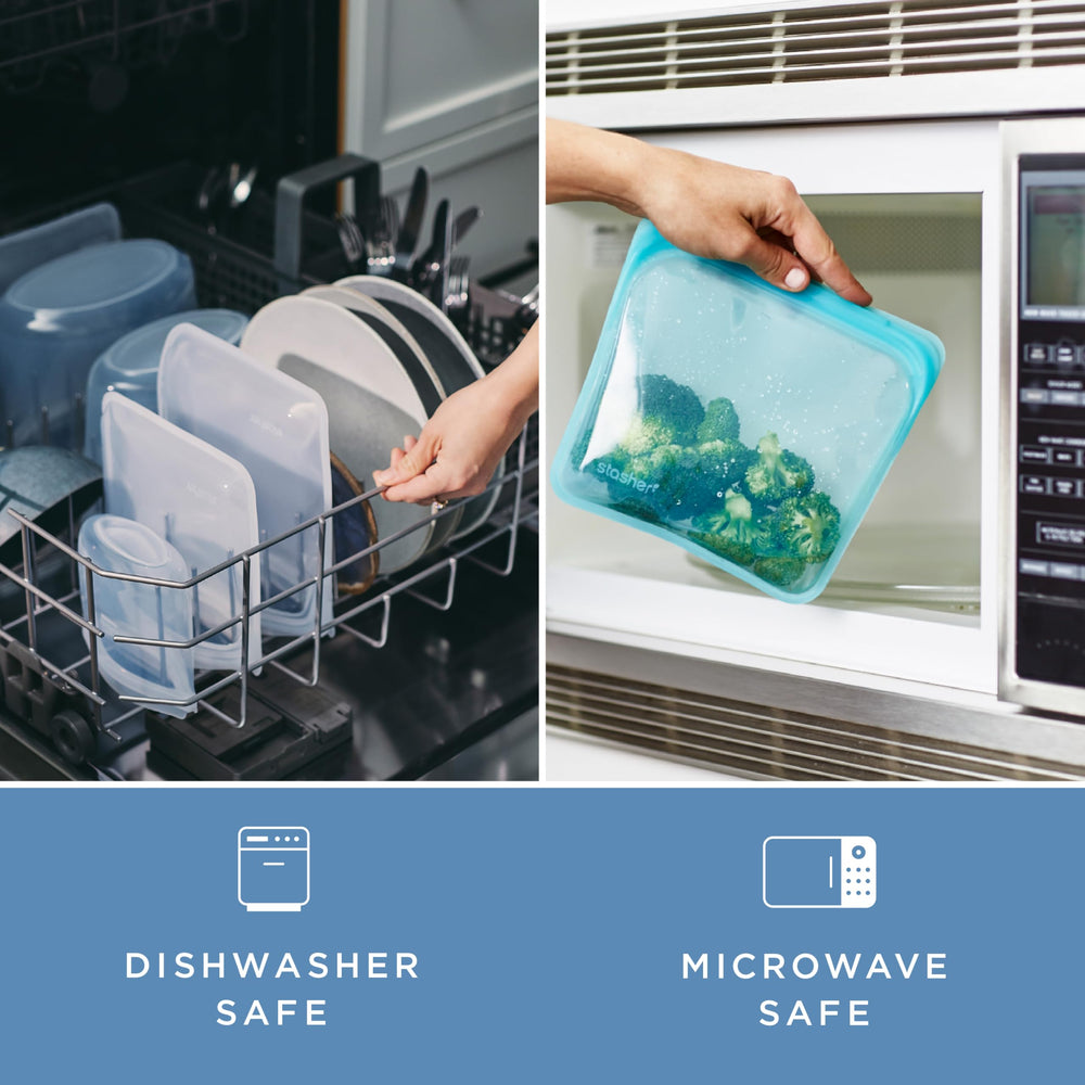 Stasher au four sur une plaque montrant compatibilité chaleur jusqu'à 425°F pour cuisiner