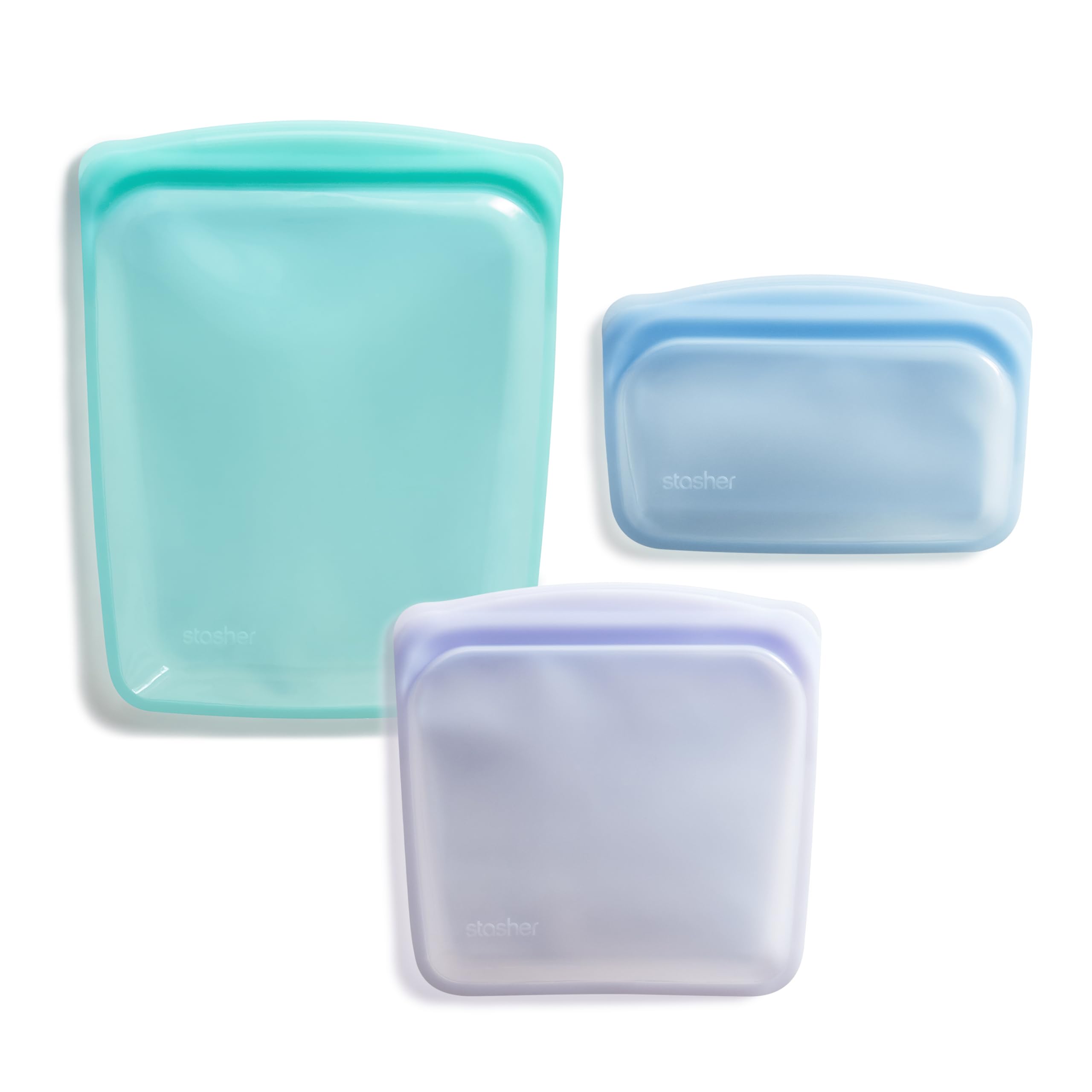 Stasher face avant du pack 3 pièces montrant les tailles et couleurs, pratique pour organisation