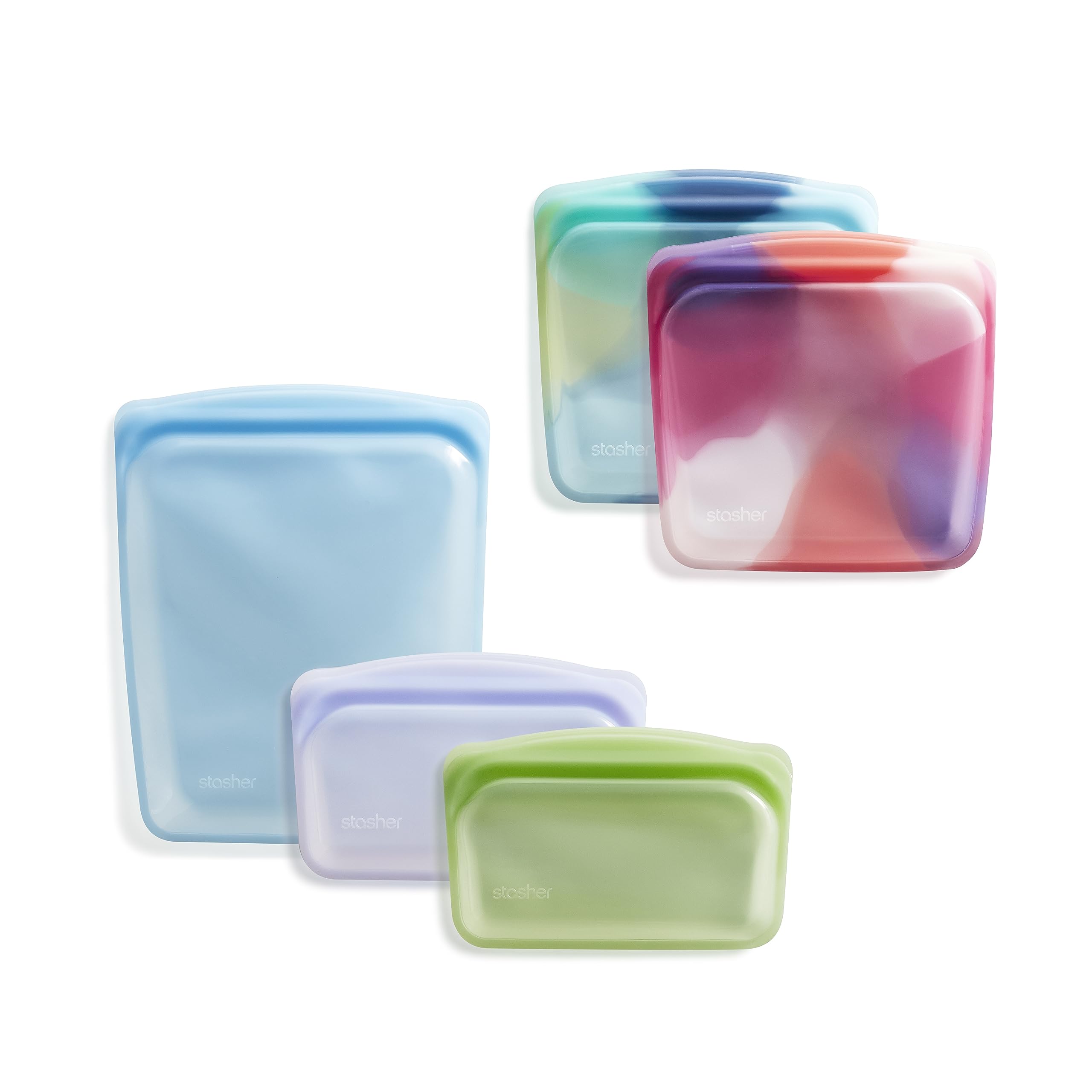 Stasher vue avant du lot Tie Dye montrant les cinq sacs pour rangement durable