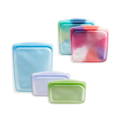 Stasher vue avant du lot Tie Dye montrant les cinq sacs pour rangement durable