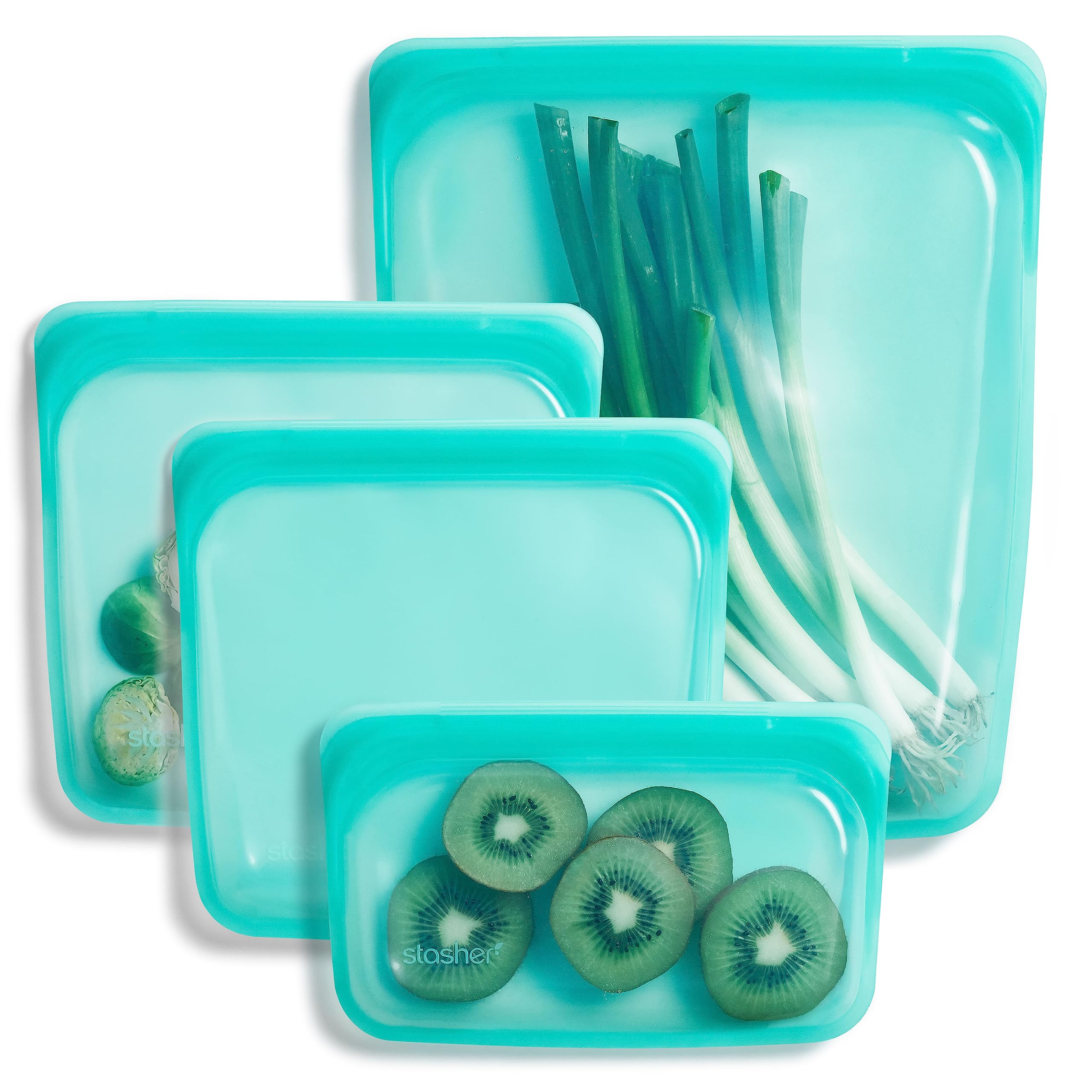 Stasher packaging avant aqua montrant le lot 4 pièces et avantages durables