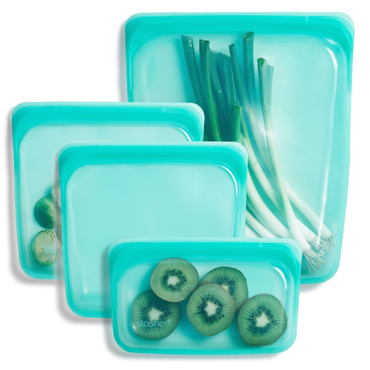 Stasher packaging avant aqua montrant le lot 4 pièces et avantages durables