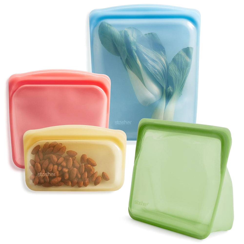 Stasher face avant du pack Rainbow montrant les quatre tailles et couleurs, pratique