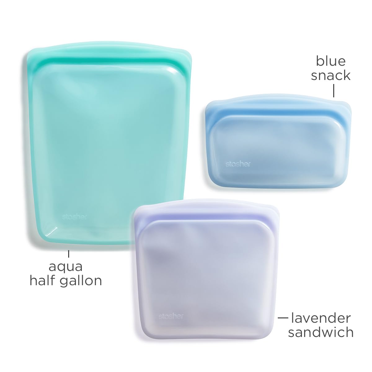 Stasher comparaison de taille dans la main montrant capacités snack, sandwich et demi-gallon