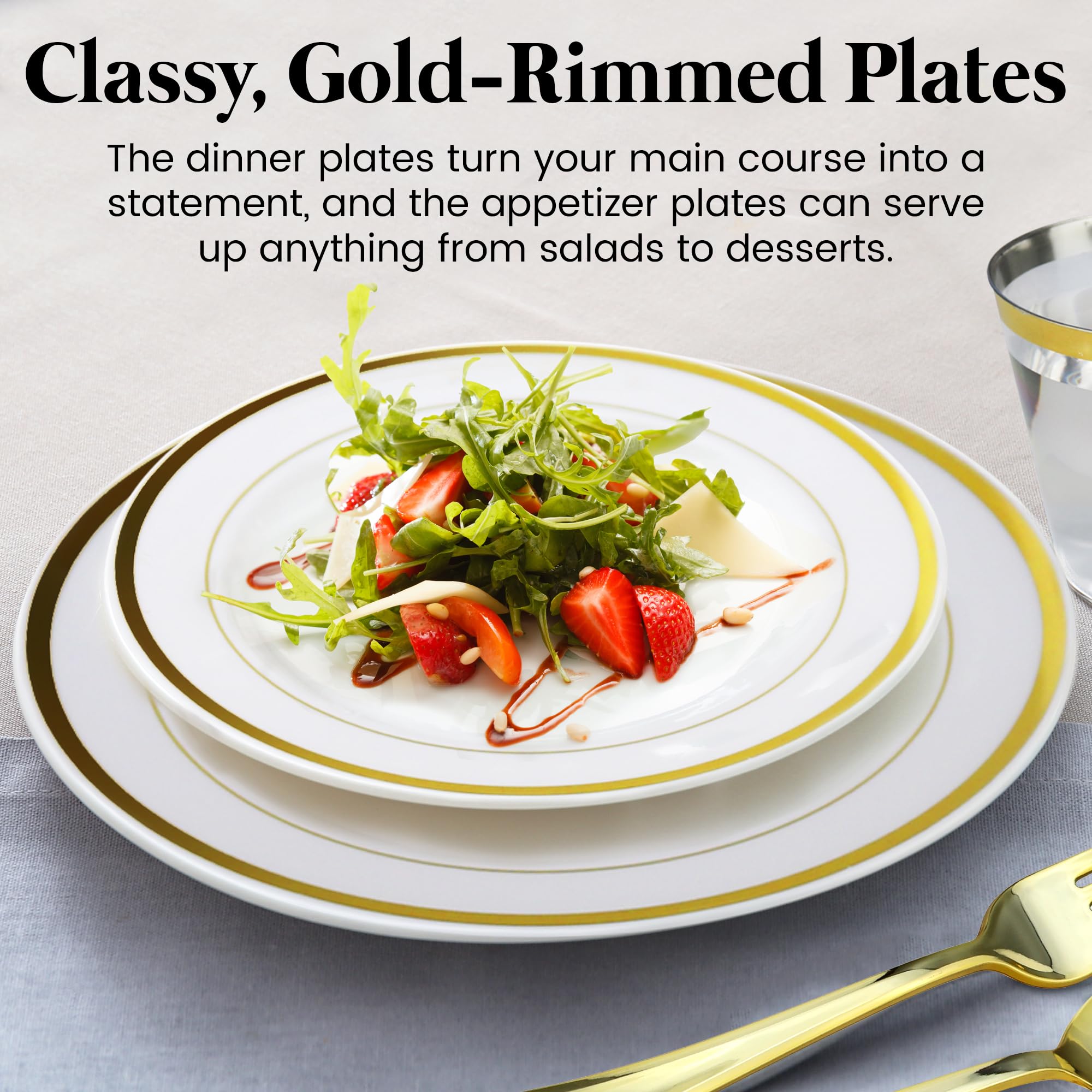 Stately Elegance Designs couverts dorés alignés montrant robustesse et aspect haut de gamme
