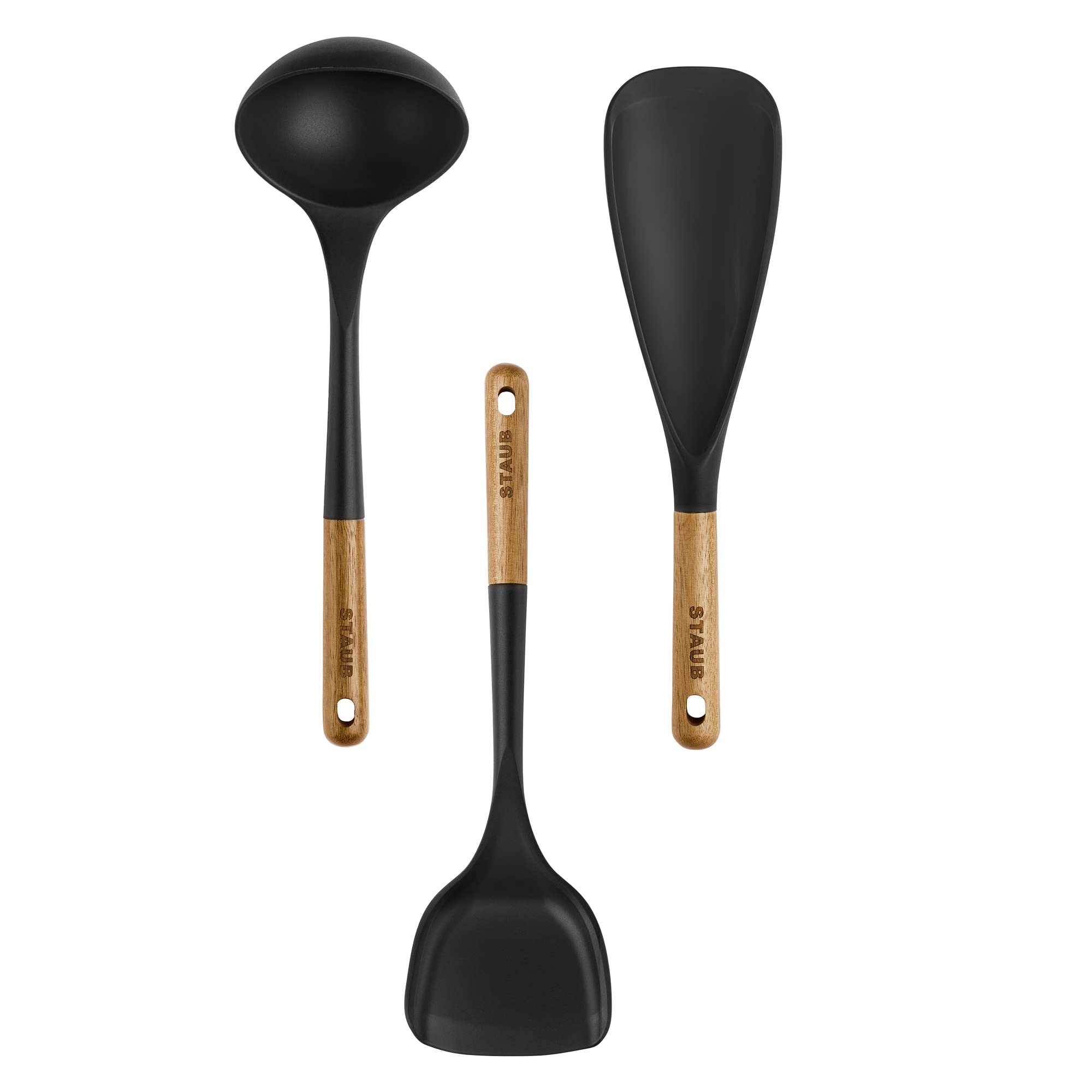 STAUB ensemble face avant montrant spatule louche tourne-wok, design élégant et fonctionnel