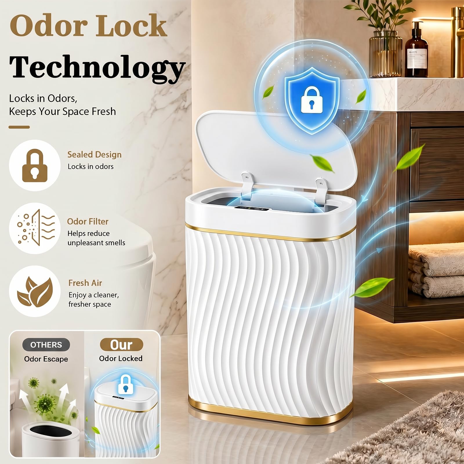 steo spce poubelle placée près du lavabo en salle de bain, adaptée aux environnements humides