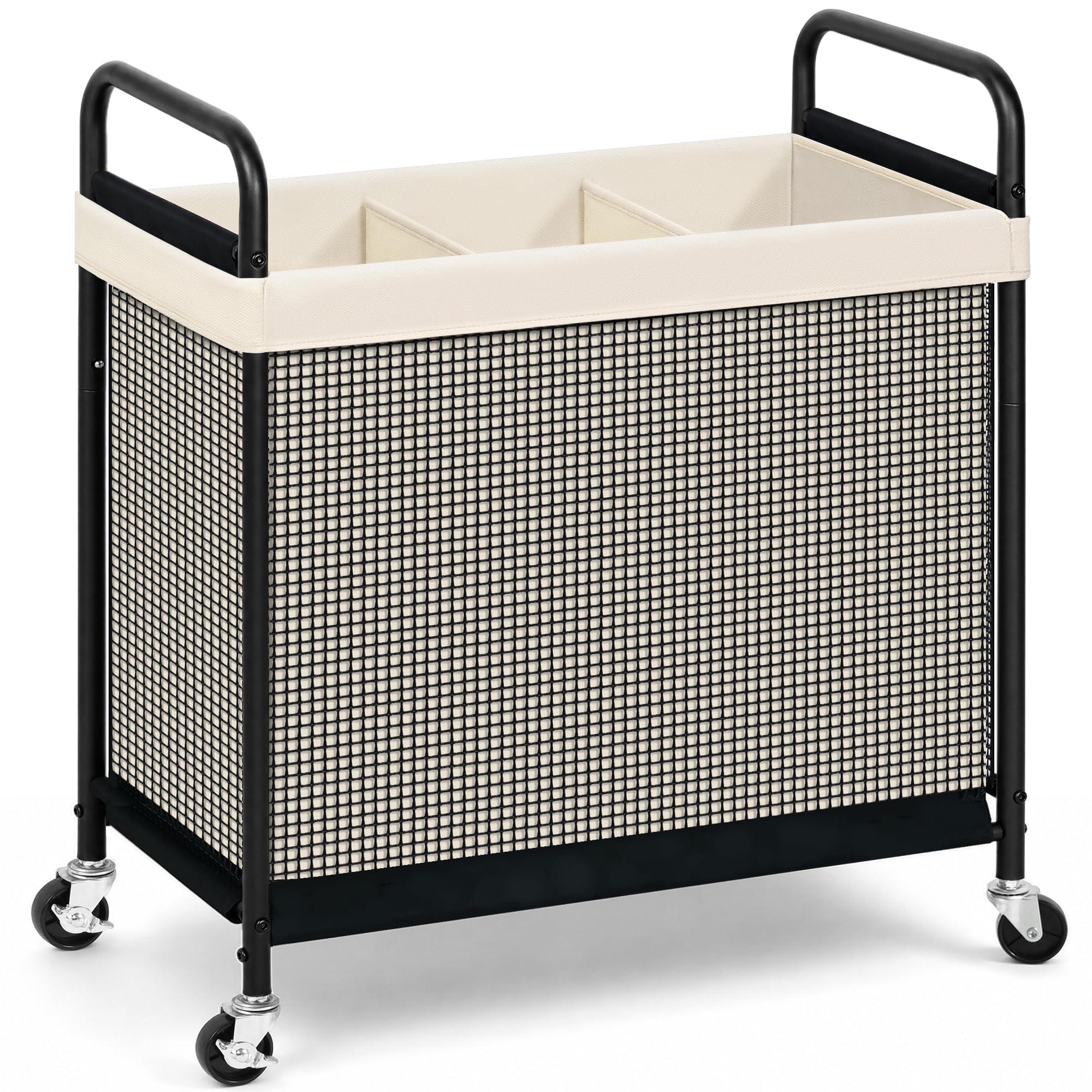 STORAGE MANIAC vue avant du panier beige montrant 3 sections et capacité