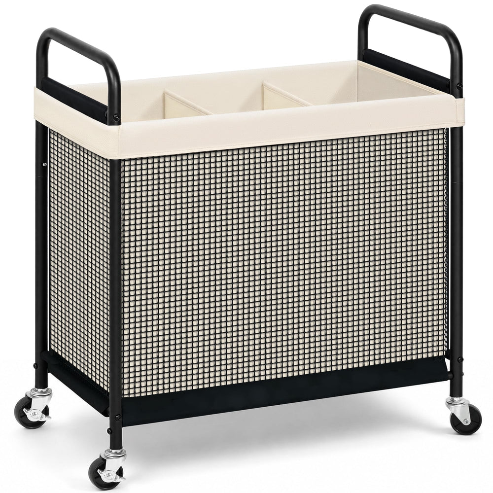 STORAGE MANIAC vue avant du panier beige montrant 3 sections et capacité