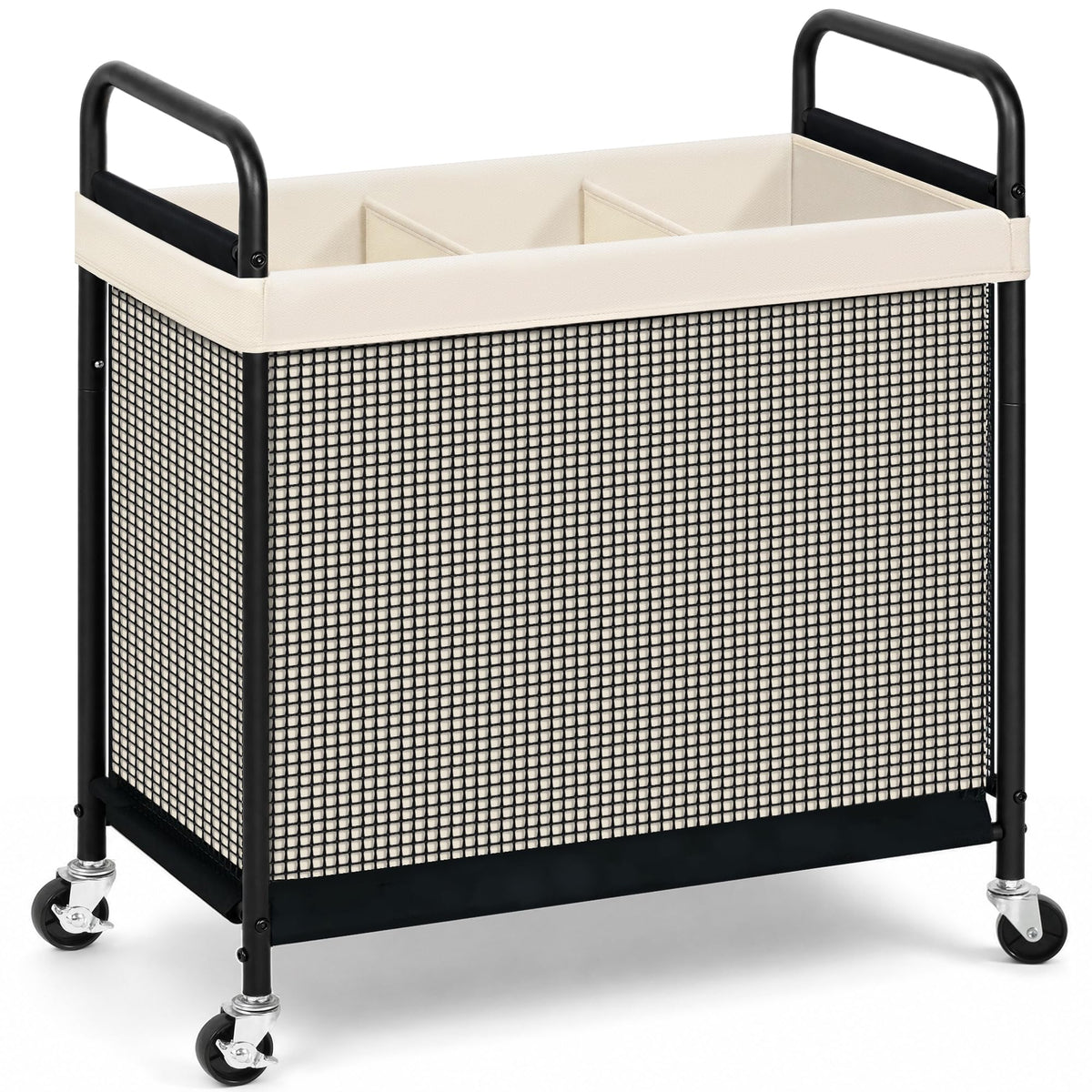 STORAGE MANIAC vue avant du panier beige montrant 3 sections et capacité