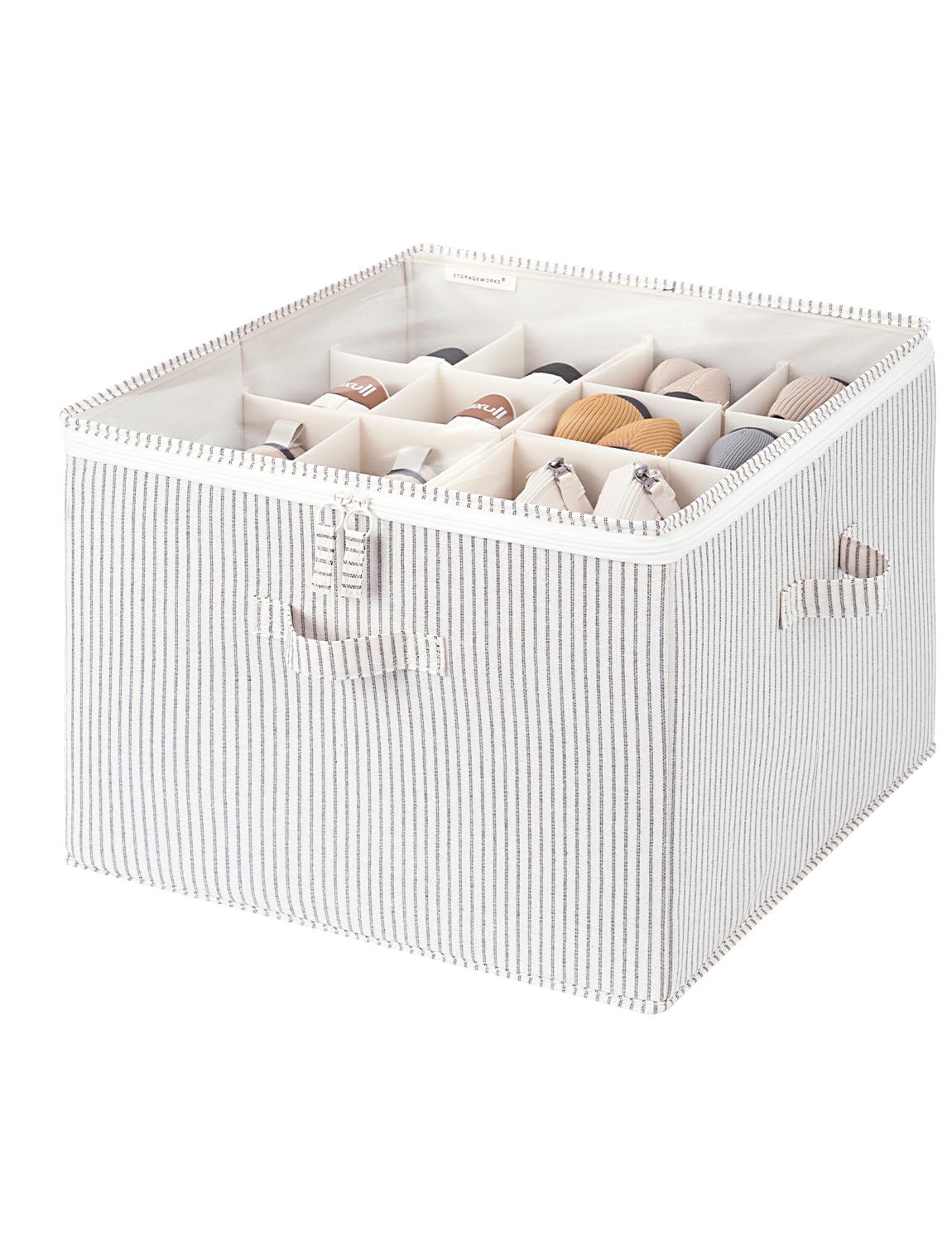 StorageWorks vue avant de la boîte fermée montrant le motif rayé et la capacité de rangement