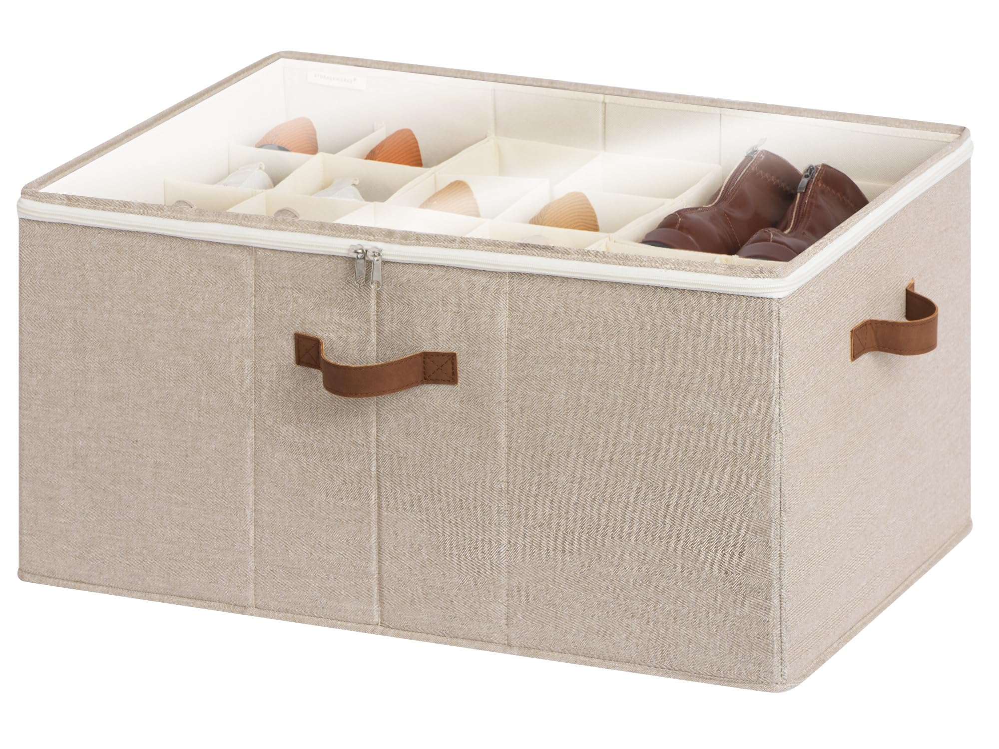 StorageWorks boîte face avant taupe montrant capacité et finition protectrice