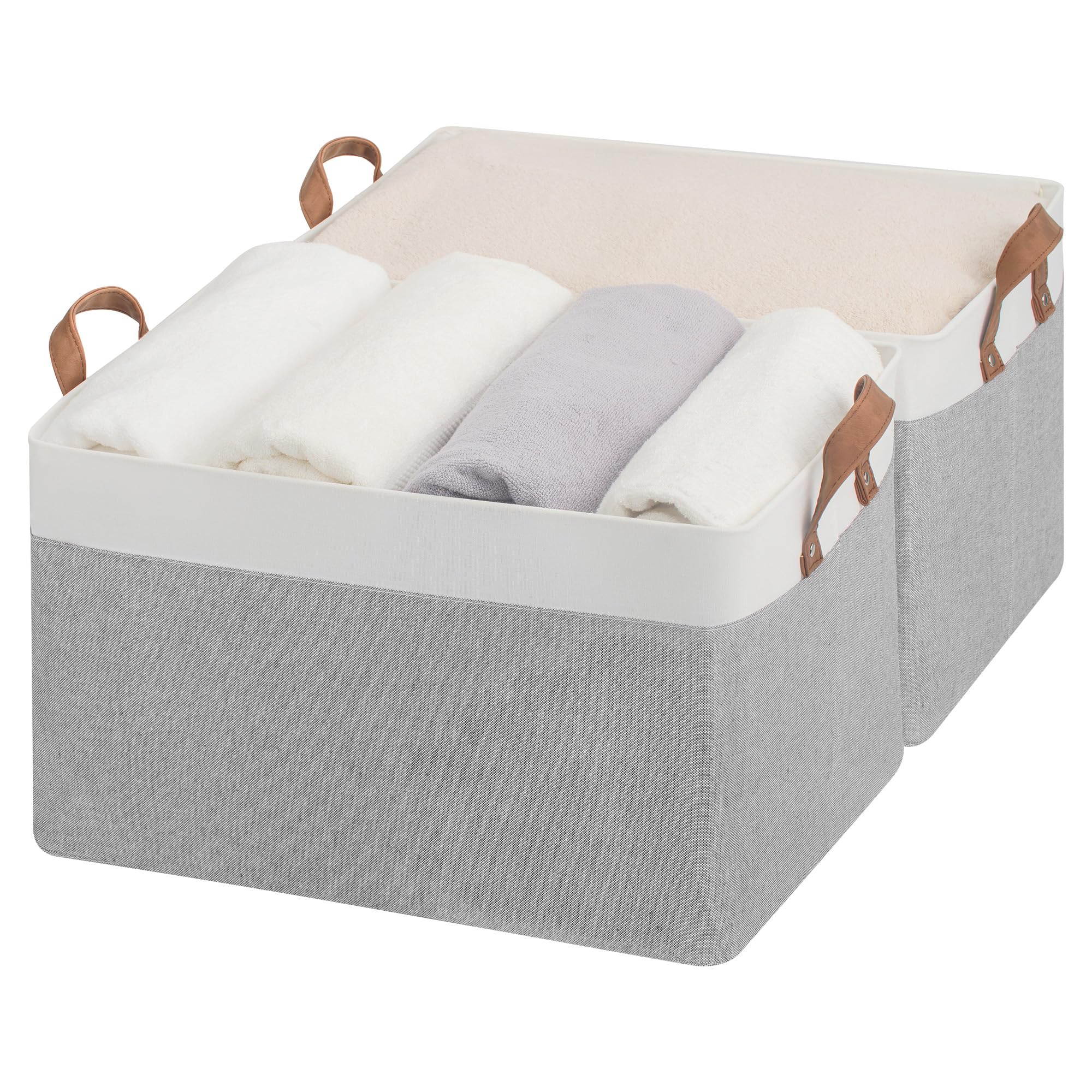 StorageWorks vue avant des paniers gris et blanc montrant rangement soigné