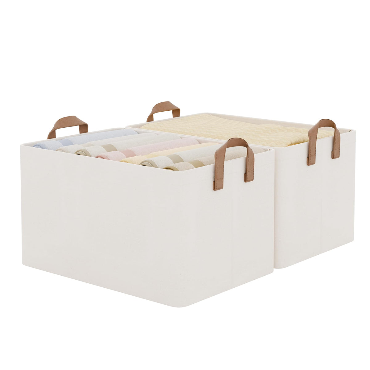 StorageWorks vue avant des paniers beige, rangement élégant