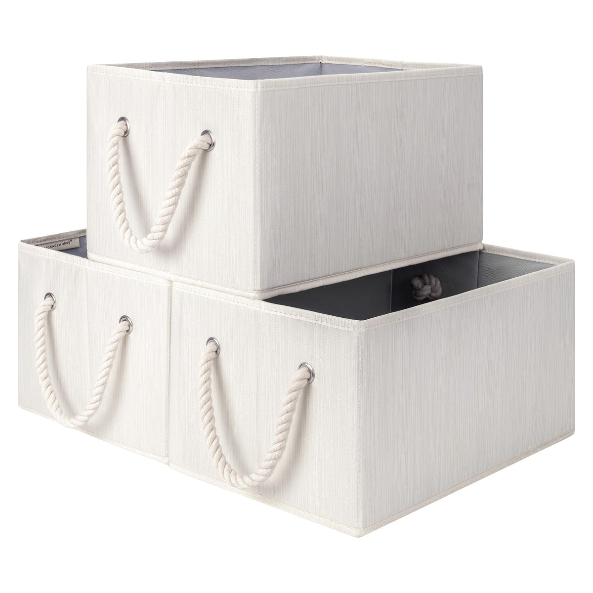 StorageWorks vue avant du lot de trois paniers beige blanc ivoire, organisation visible