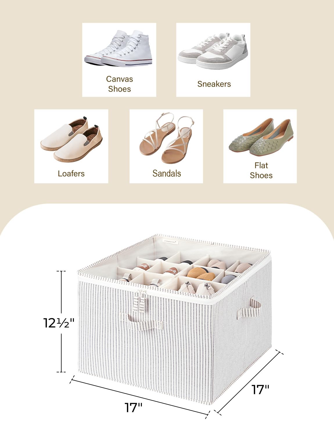 StorageWorks séparateurs ajustables montrant flexibilité pour talons, baskets et bottines