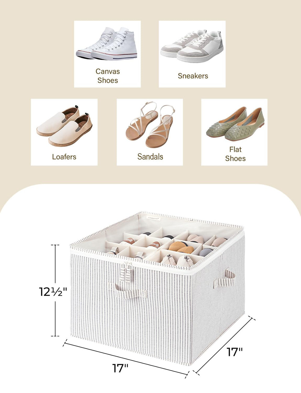 StorageWorks séparateurs ajustables montrant flexibilité pour talons, baskets et bottines