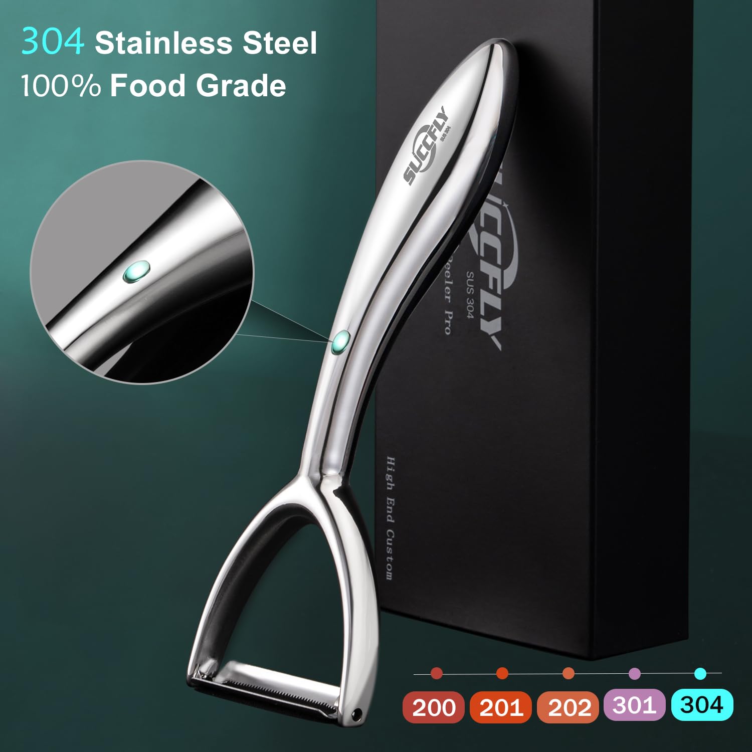 SUCCFLY détail de la lame pivotante 420J2 offrant un épluchage fin et précis
