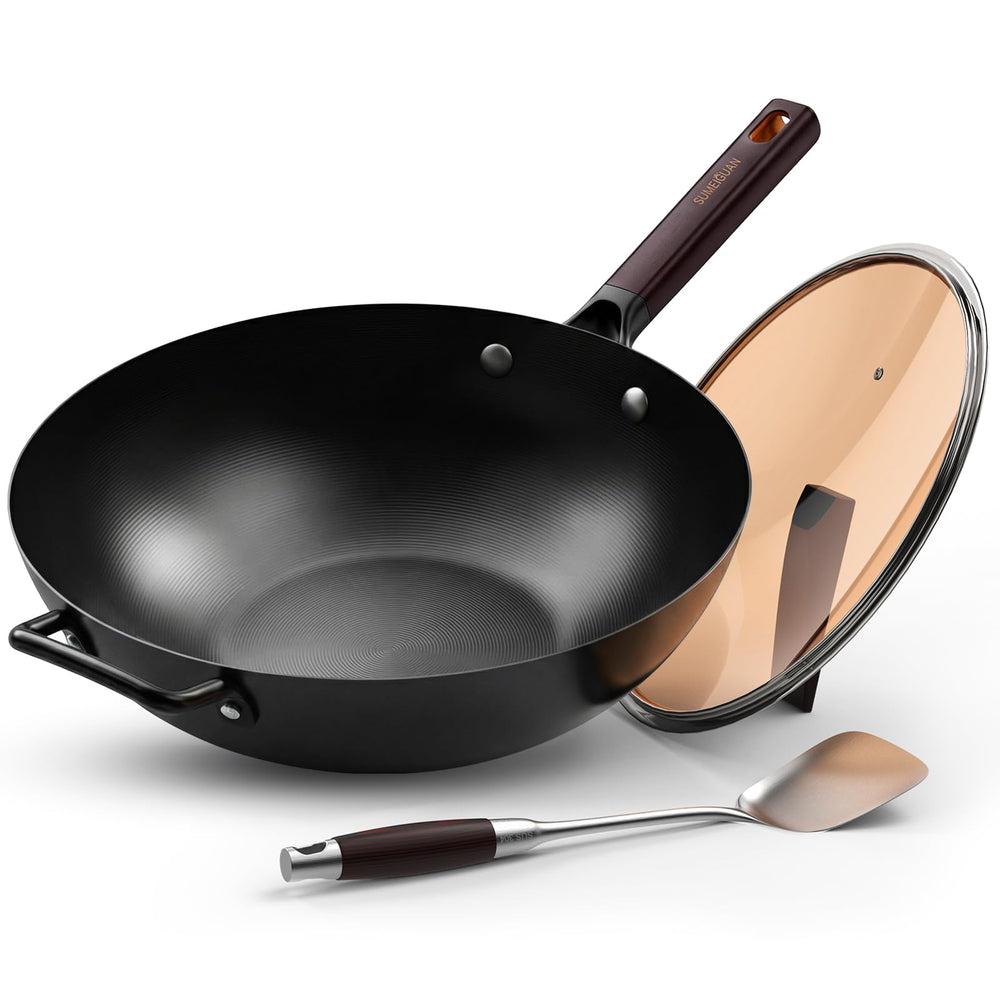 SUMEIGUAN vue avant du wok avec emballage prêt à cuisiner