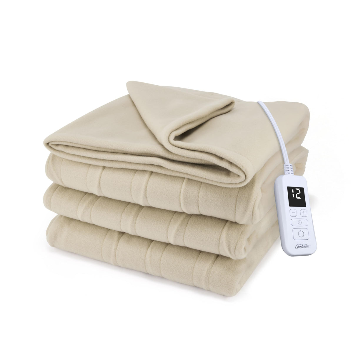 Sunbeam couverture chauffante face pliée montrant l'aspect moelleux et confort