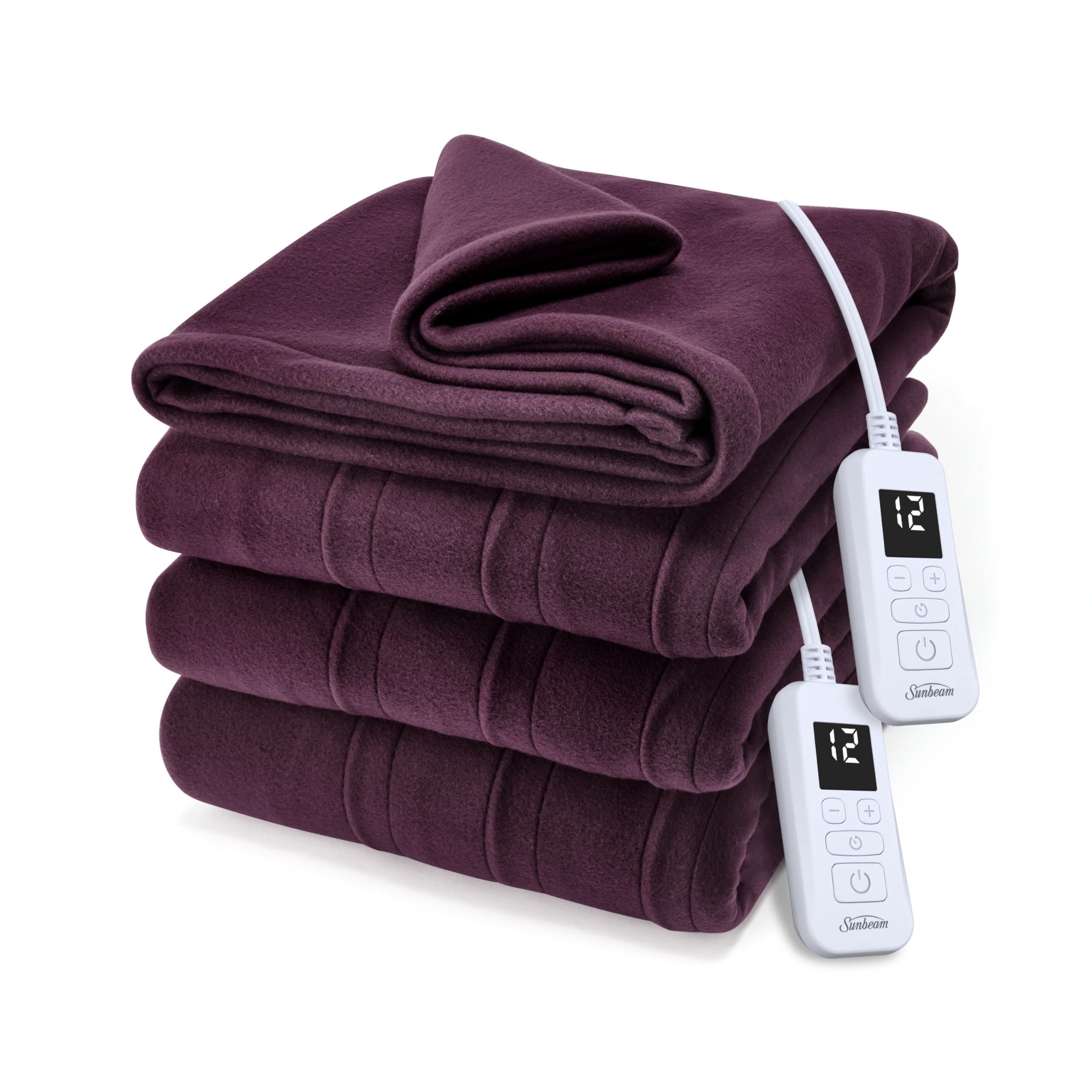 Sunbeam plaid devant montrant couverture Queen et teinte Cabernet, chaleur uniforme