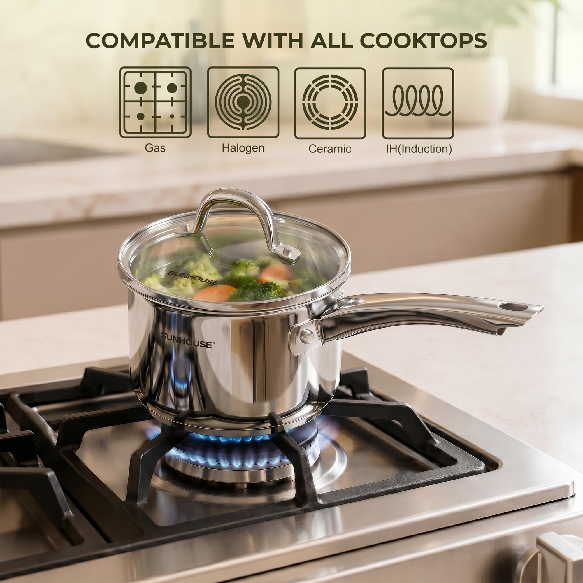 Sunhouse casserole en usage sur plaque induction, compatibilité assurée