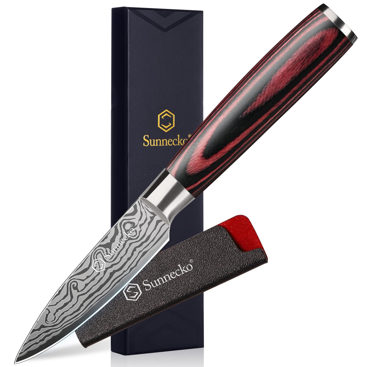 Sunnecko vue avant du couteau d'office avec coffret cadeau assurant une présentation soignée