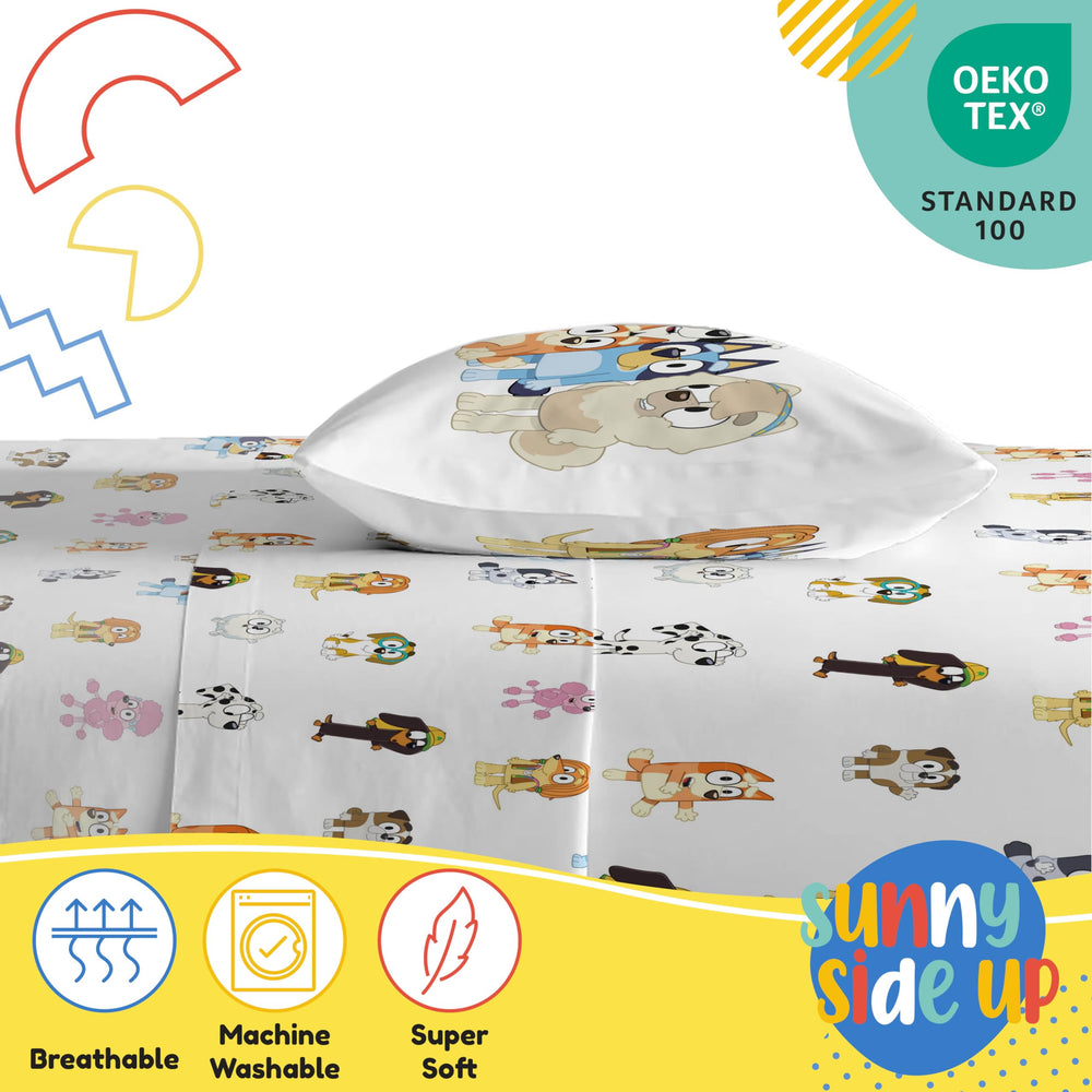 Sunny Side Up drap-housse Bluey montrant poche profonde et maintien du matelas