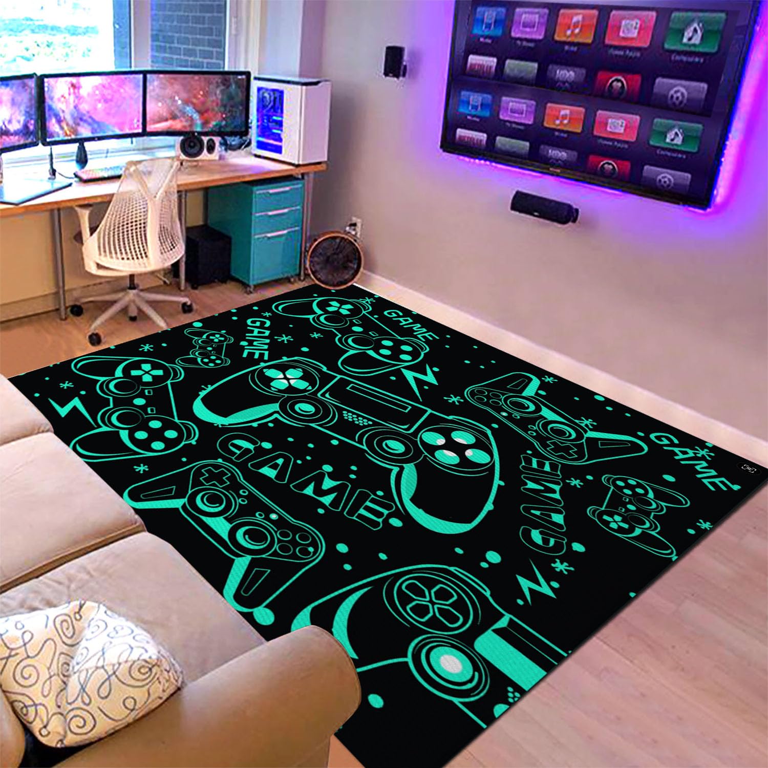 Sunnycitron tapis vue face montrant motif manette et protection du sol