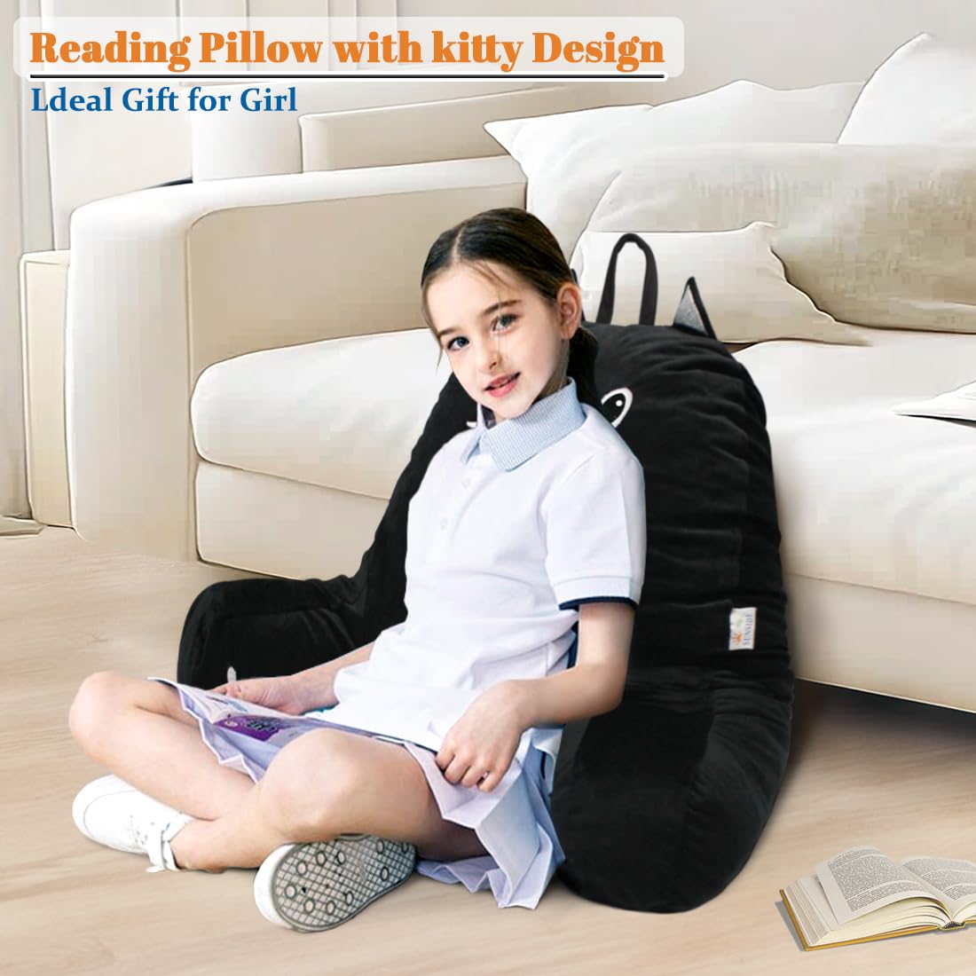 SUNSIDE coussin chat en usage sur lit soutenant une personne en lecture