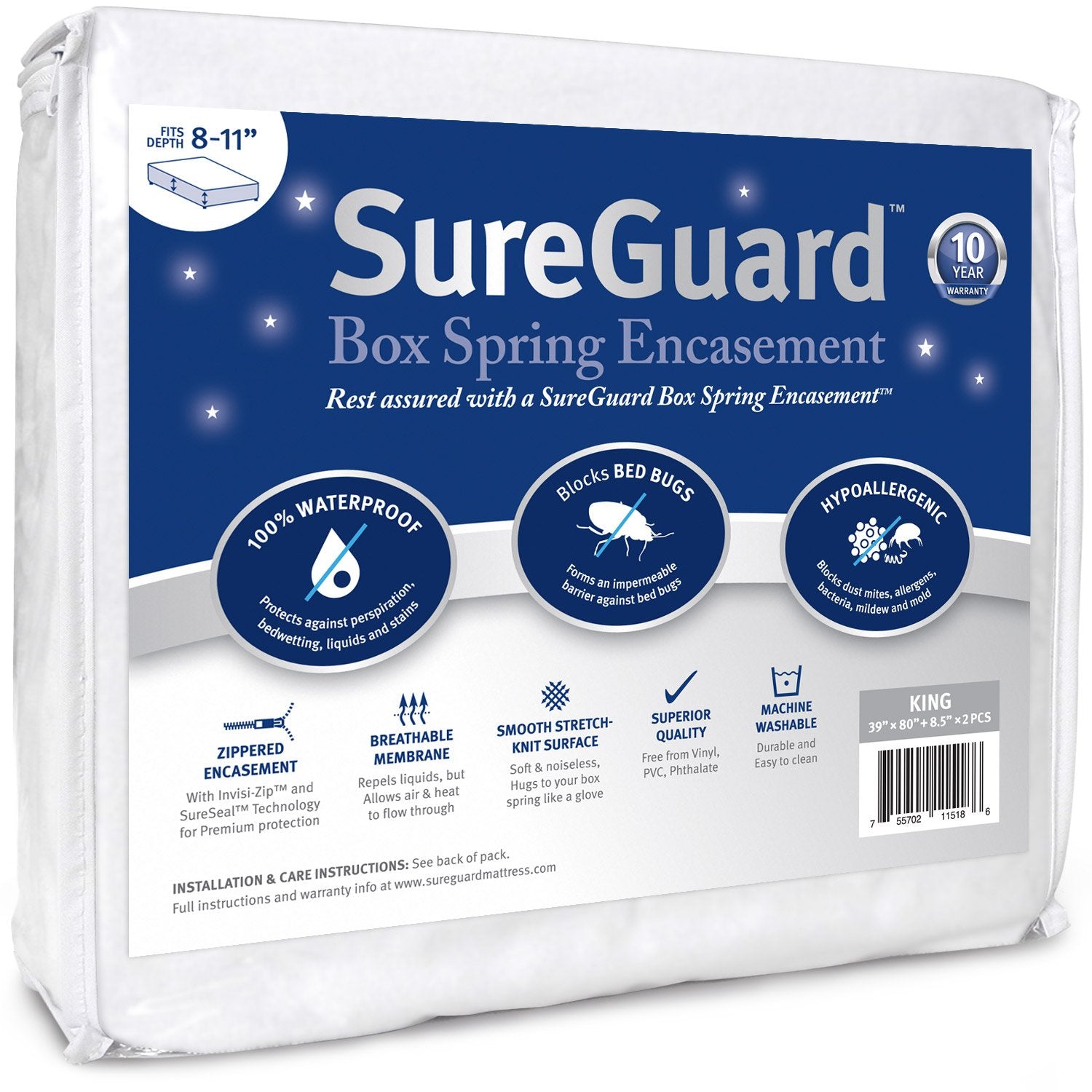 SureGuard housse box spring devant montrant protection complète