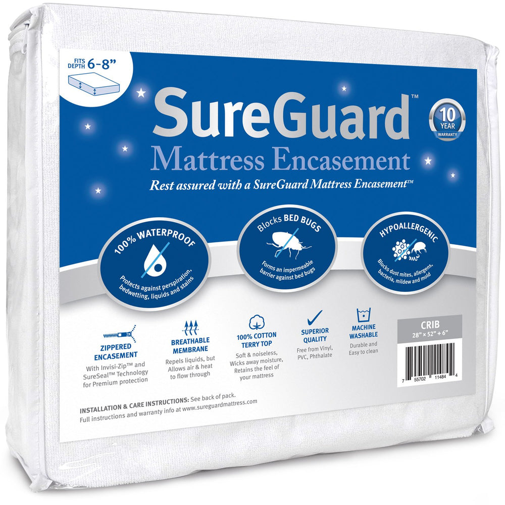 SureGuard housse matelas face avant montrant ajustement et protection intégrale