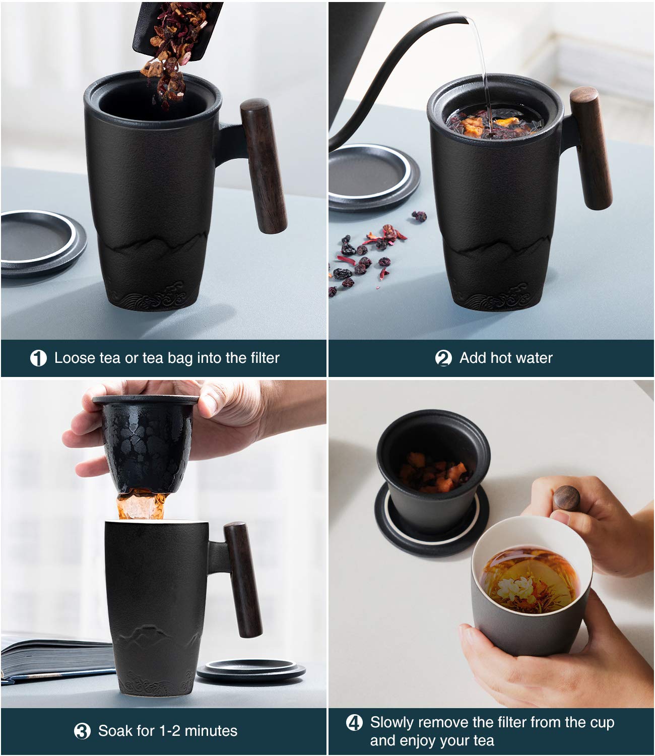 suyika emballage et contenu inclut tasse, infuseur et couvercle soignés