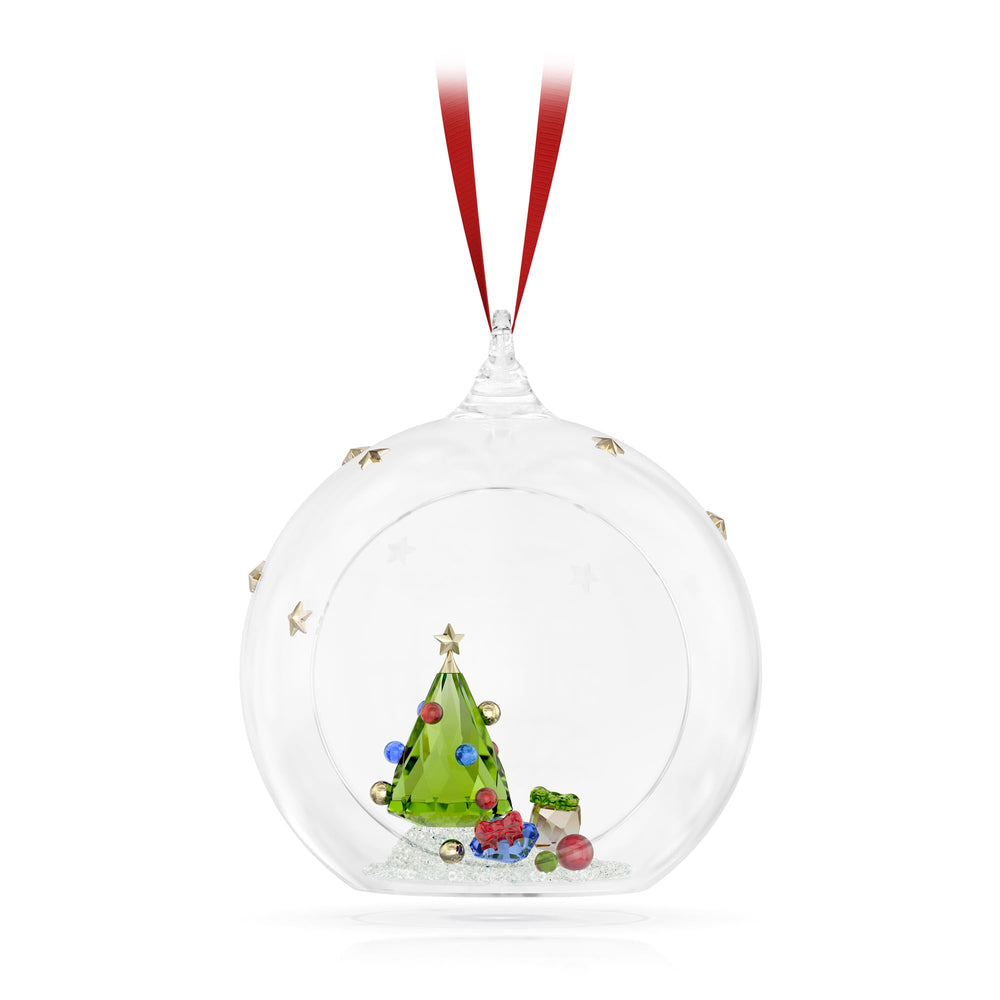 Swarovski boule de Noël face montrant scène d'arbre et cadeaux, éclat décoratif