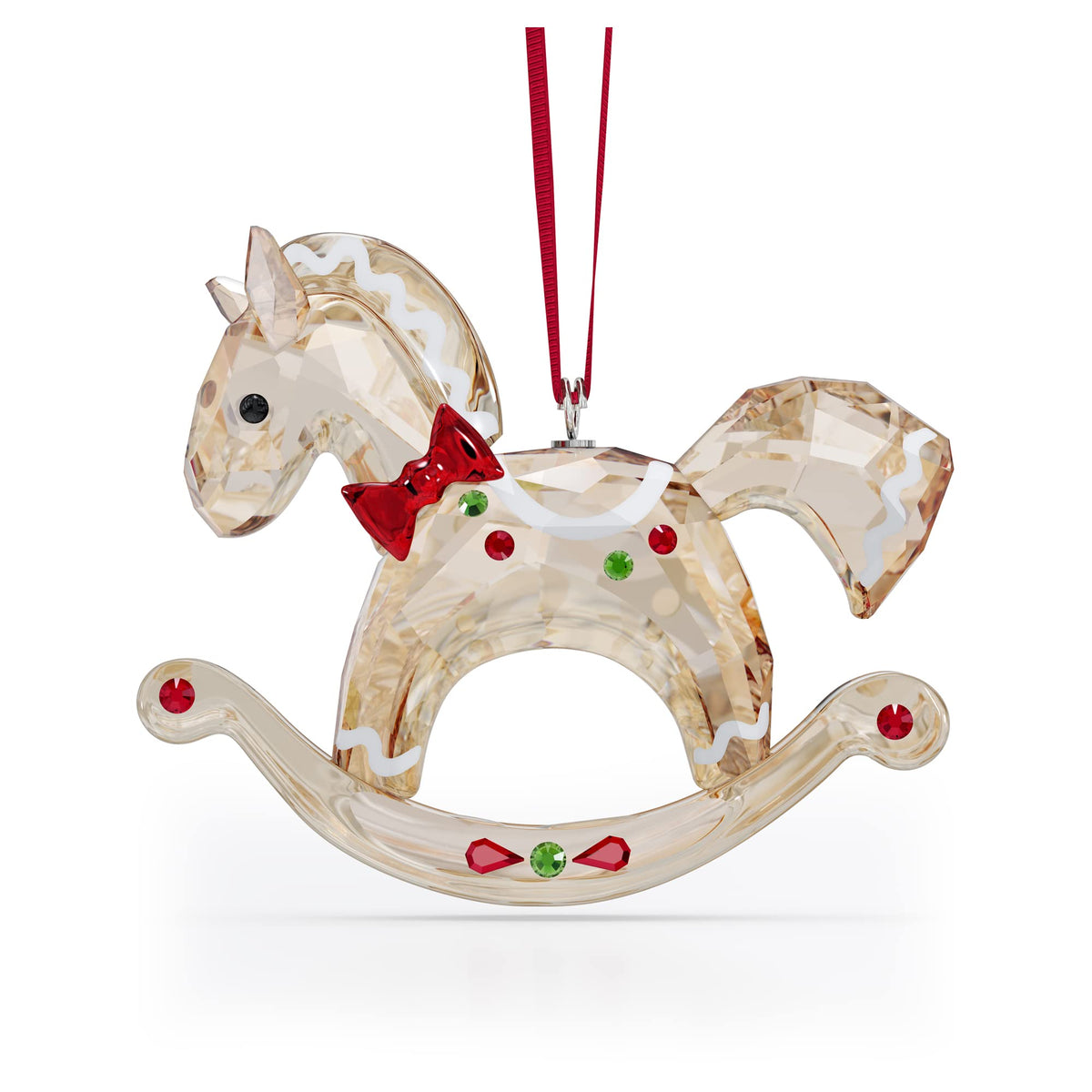 Swarovski ornement cheval à bascule face et boîte cadeau mettant en valeur le ruban