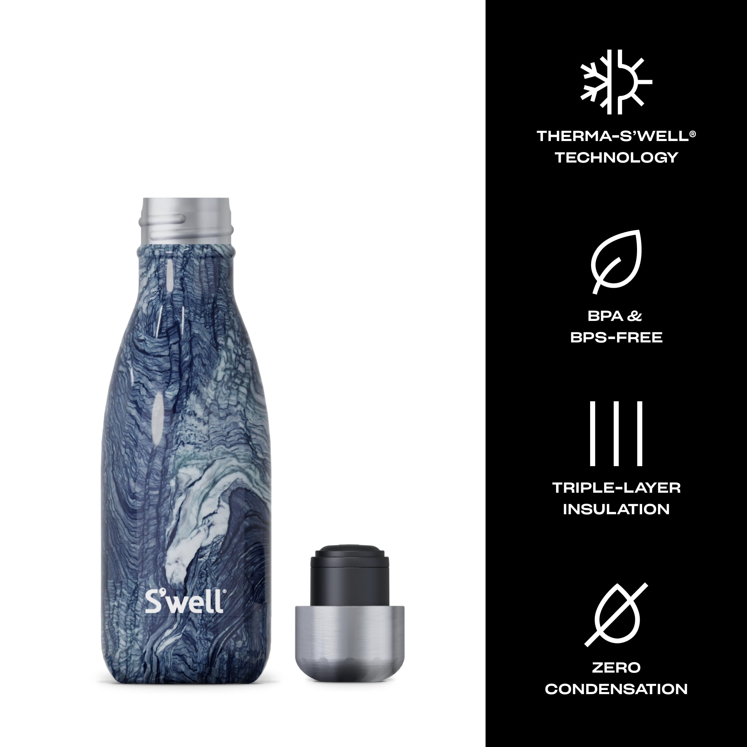 Bouchon et ouverture S'well Azurite Marble facilitant le remplissage et glace