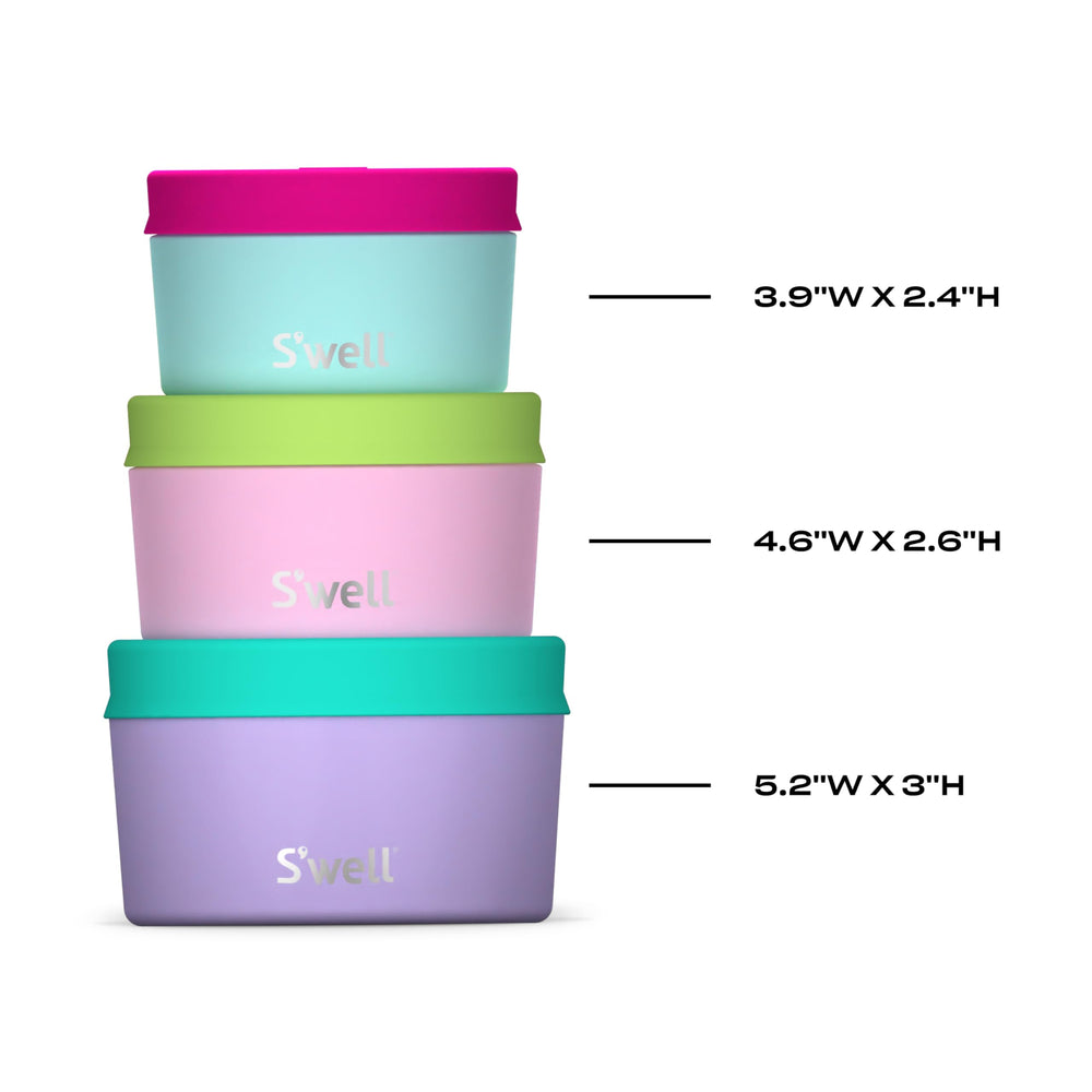 S'well boîtes côte à côte avec ustensiles montrant les tailles 10oz,16oz,24oz
