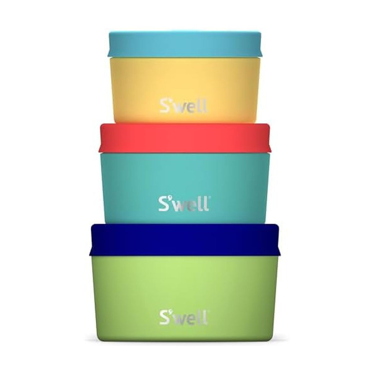 S'well vue avant des trois boîtes Tropical Smoothie, design esthétique et rangement pratique