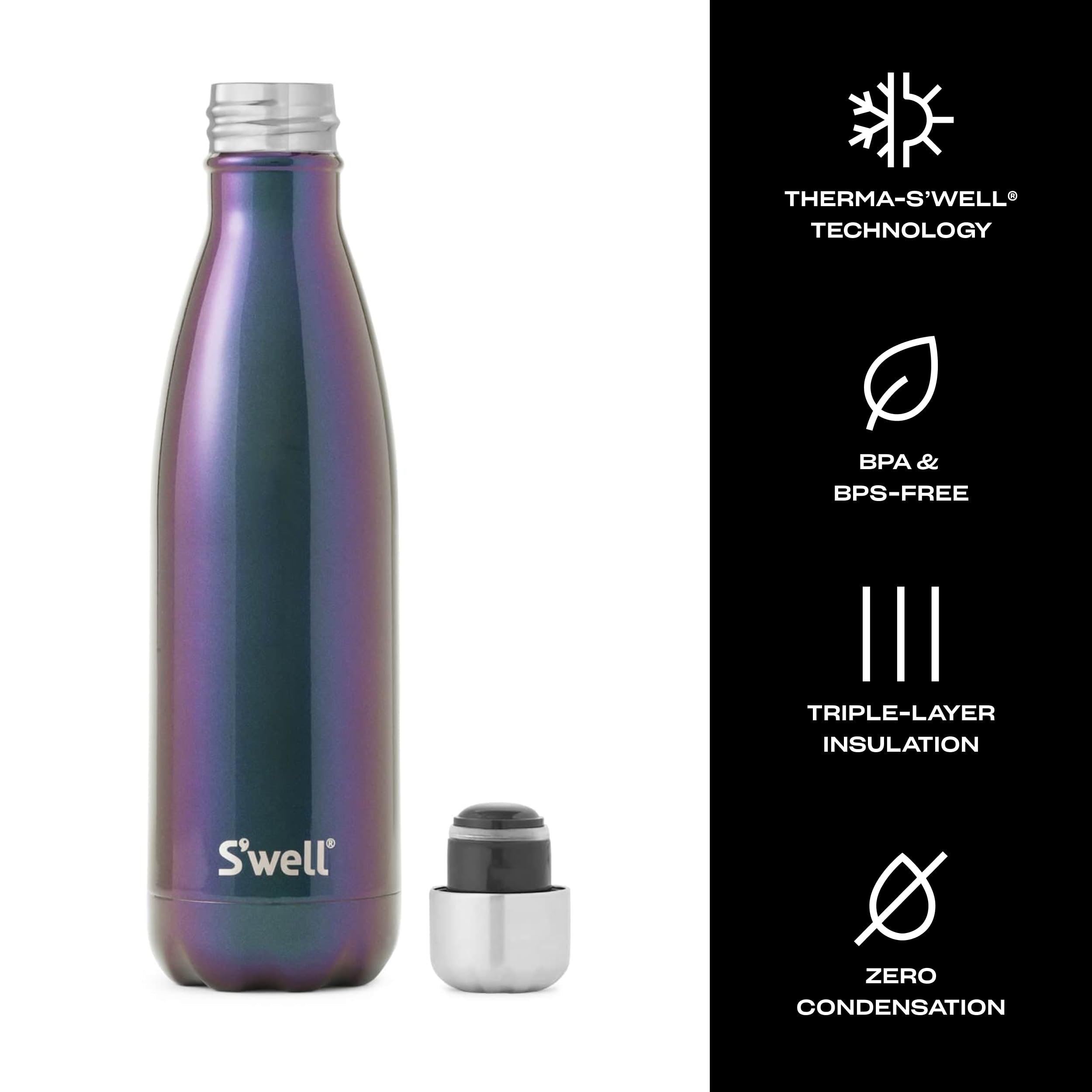 Comparaison de taille S'well Supernova à côté d'un verre pour visualiser la contenance 17oz