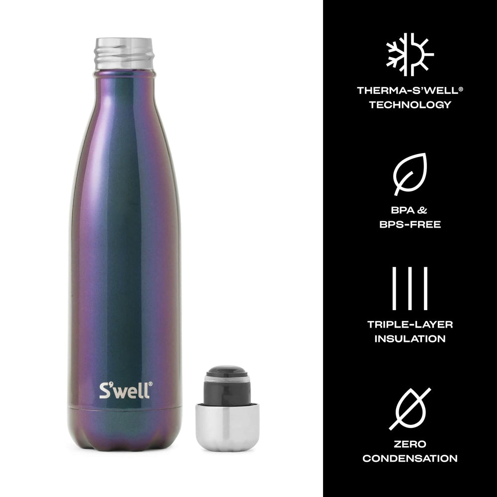 Comparaison de taille S'well Supernova à côté d'un verre pour visualiser la contenance 17oz