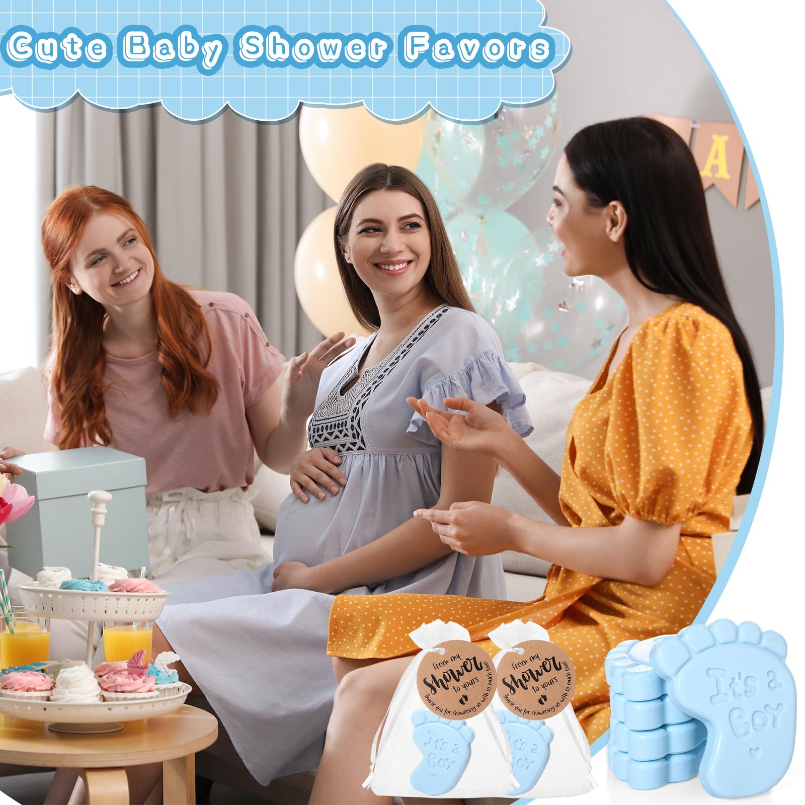 Swiffen présentation sur table baby shower bleu offrant cohérence décorative