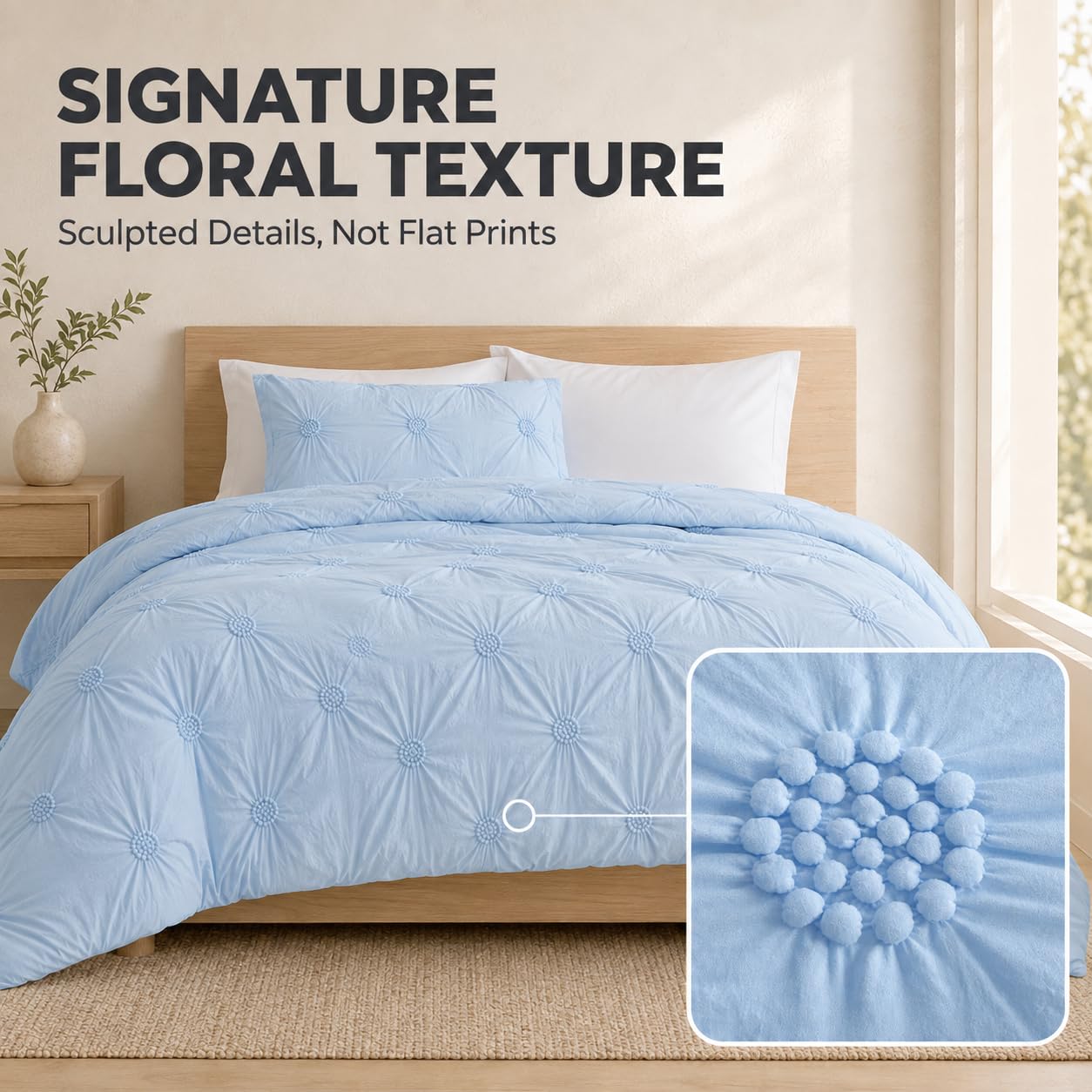 Swift Home gros plan des pintucks floraux offrant profondeur décorative