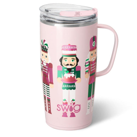 Swig Life vue de face du mug 22oz montrant le motif Nutcracker bénéfice cadeau