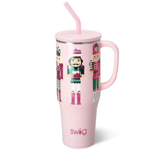 Swig Life vue avant du mug 40oz Sugar Plum Soldiers, design festif et grande capacité