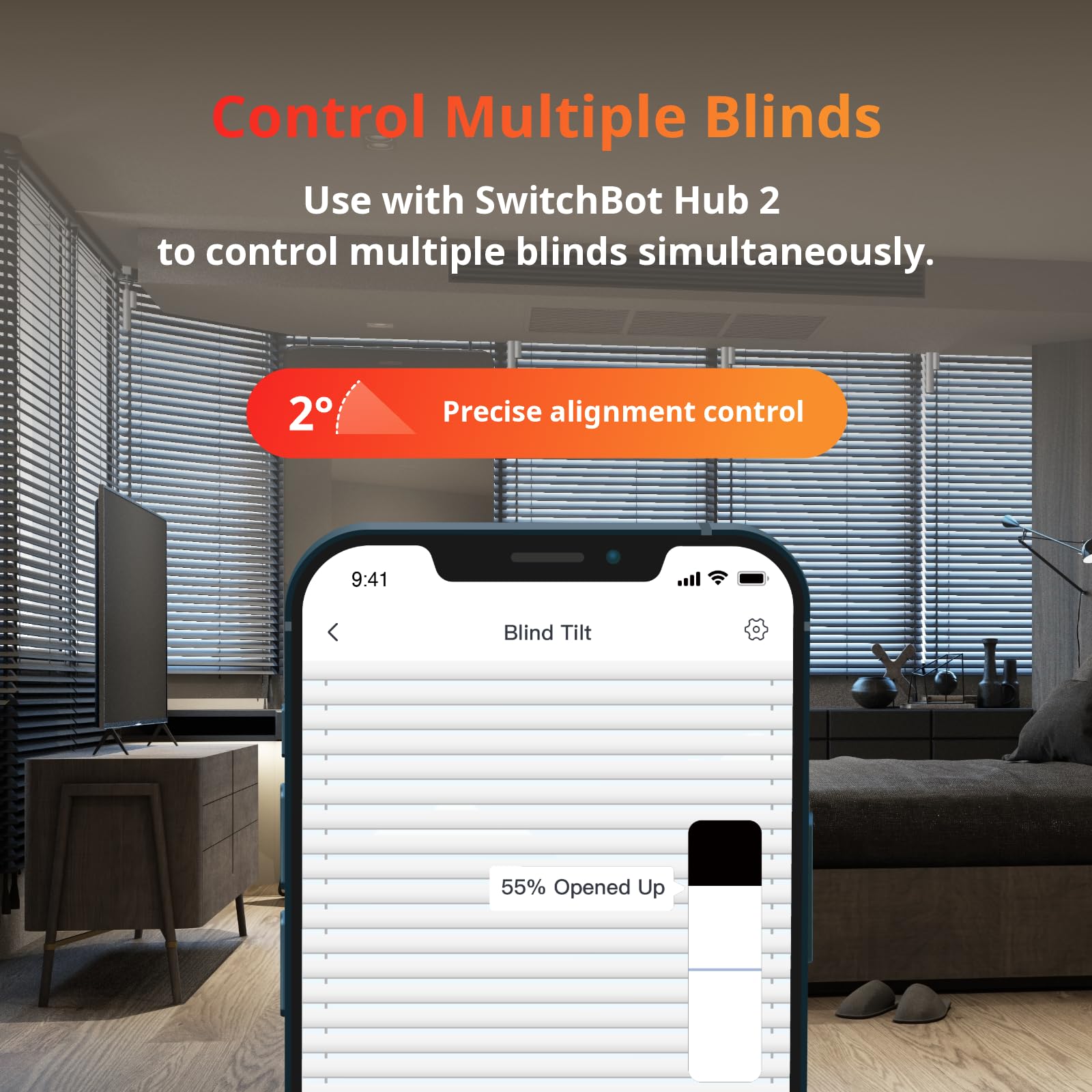 SwitchBot Blind Tilt gros plan sur le moteur et l’axe offrant un réglage précis des lames