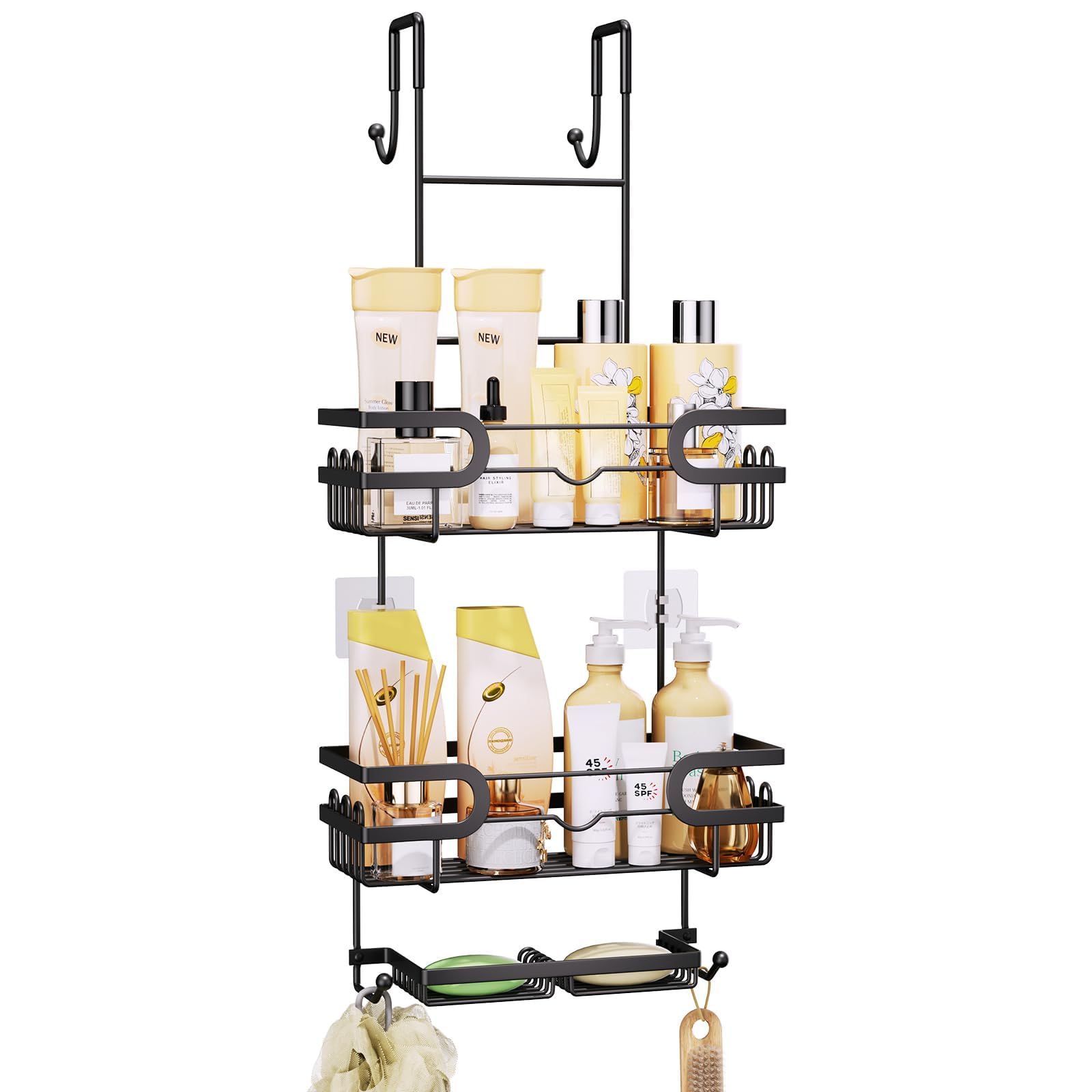 SWTYMIKI vue avant du panier de douche noir, rangements organisés