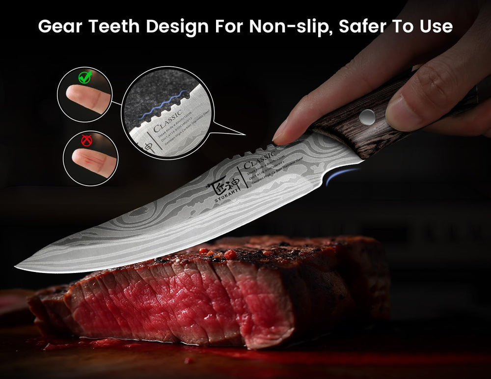 SYOKAMI couteau en action découpant un steak, coupe nette sans déchirer