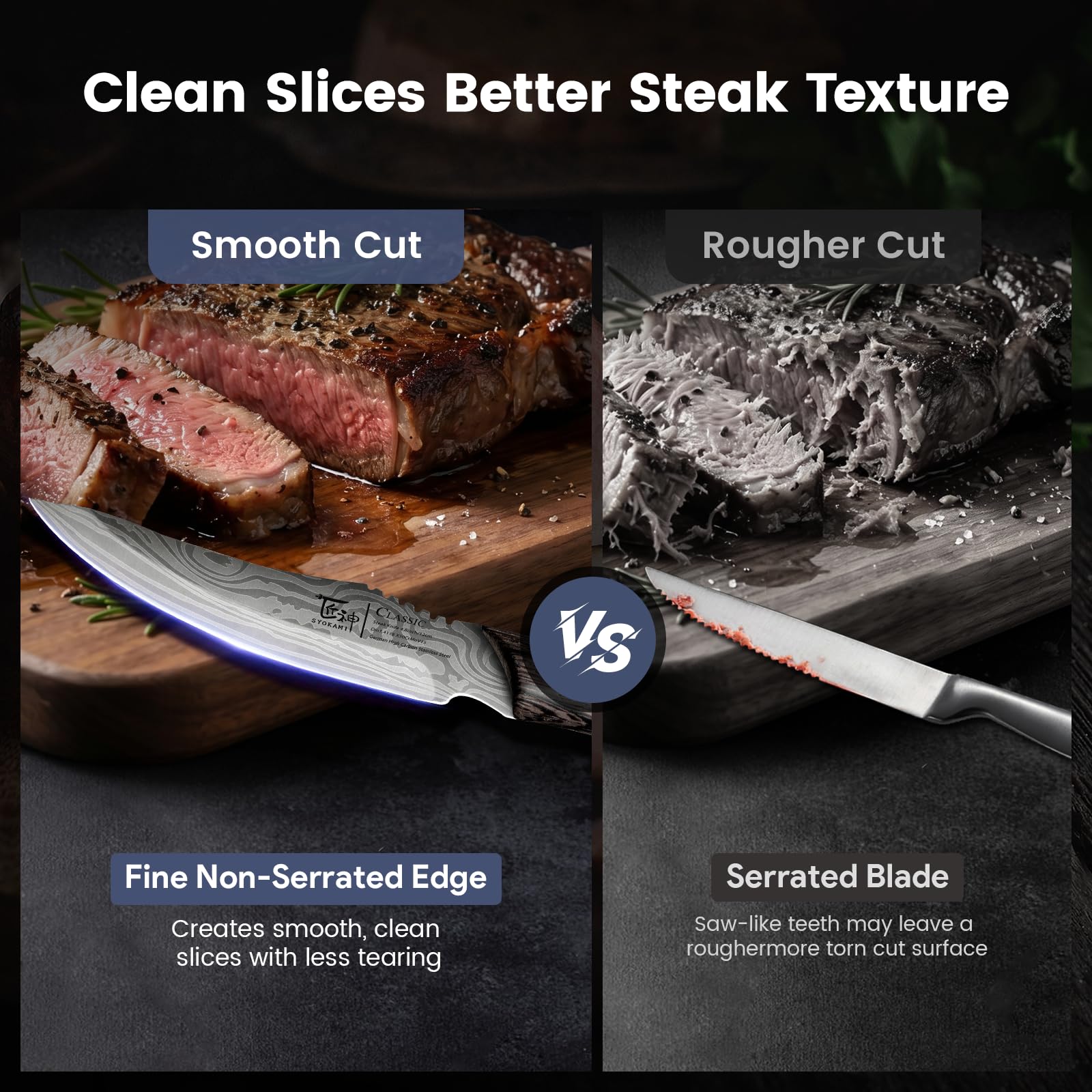 SYOKAMI couteau en usage découpant un steak pour coupe nette