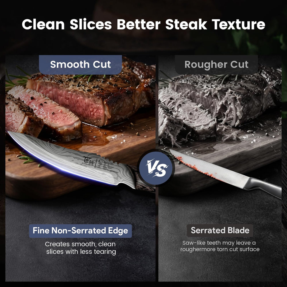SYOKAMI couteau en usage découpant un steak pour coupe nette
