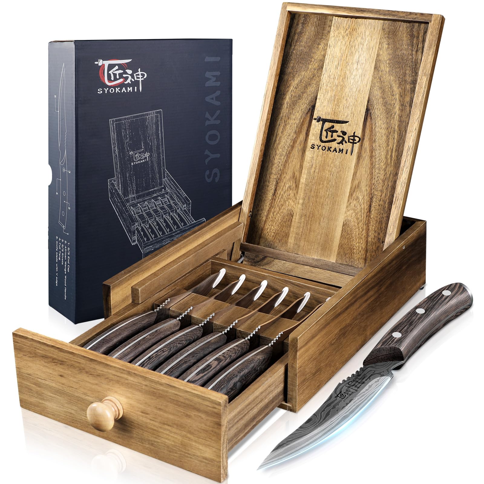SYOKAMI face du coffret montrant six couteaux et rangement, qualité et présentation